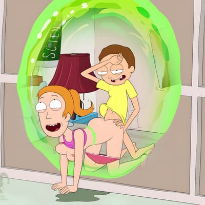 Submissive Morty kneeling before dominant Summer, sweat glistening on his forehead.